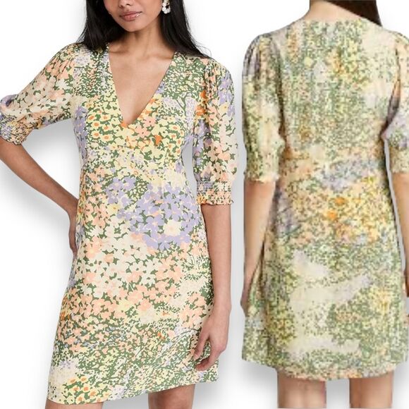 Rails Dress Roma Gardenia Floral Mini Yellow Puff Sleeve V-Neck Size Small - Picture 1 of 16